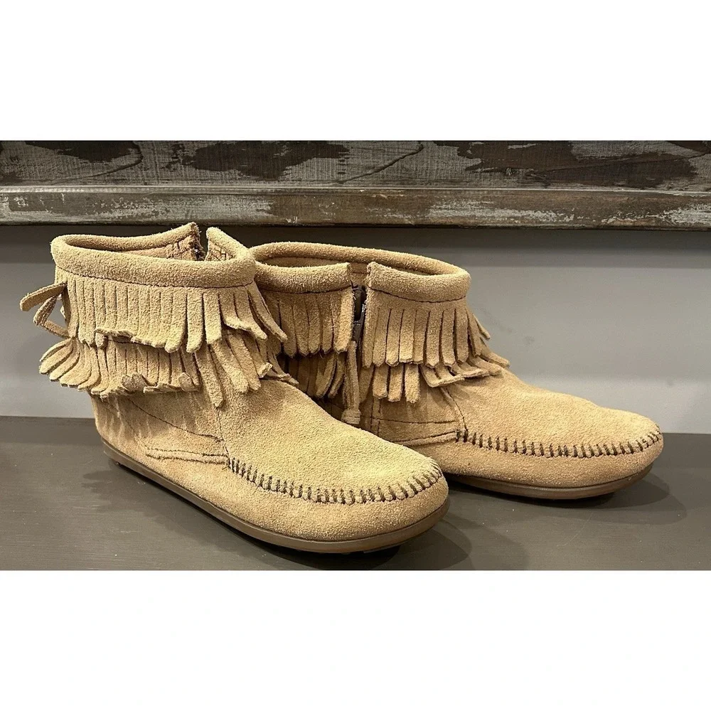 Minnetonka Brown Zip Double Fringe Ankle Bootie/Moccasin Style Big Kid Size 2